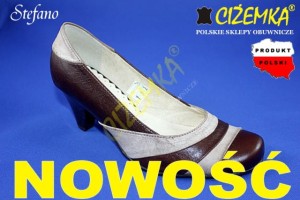 STEFANO Czółenka Damskie 1110 BRĄZOWE + beżowe dodatki