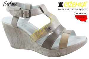 STEFANO 8611 Sandały Beżowe Damskie na koturnie SKÓRA