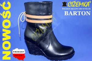BARTON Botki damskie ocieplane na koturnie  SKÓRA  27313 CZARNY+BRĄZ