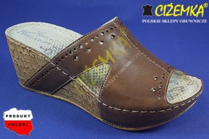 Gino Mazzini Klapki Damskie na Koturnie SKÓRA 663 Brąz cyprys 
