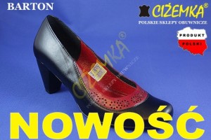 BARTON PÓŁBUTY czółenka DAMSKIE na obcasie 3214 CZARNE + czerwone dodatki 