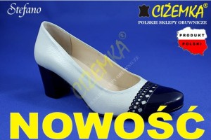 STEFANO PÓŁBUTY Damskie na obcasie 5215 SZARE + granatowe dodatki