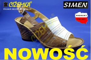 Simen Klapki Damskie na koturnie 5601 biały+brąz